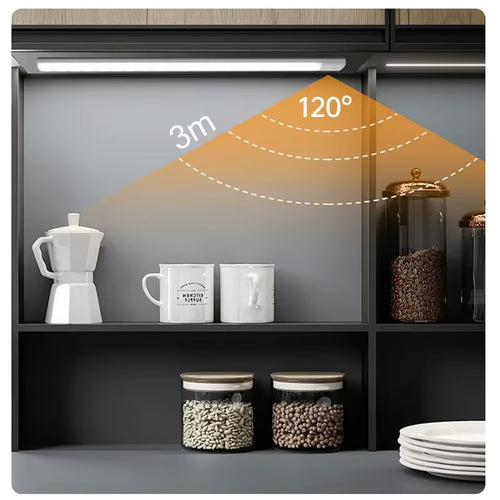 Fennlight motion-sensor light bar under a kitchen shelf with a 120 degree detection angle